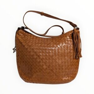Vintage NUOVEDIVE Weave Shoulder Satchel Purse Camel Brown Leather Made In Italy